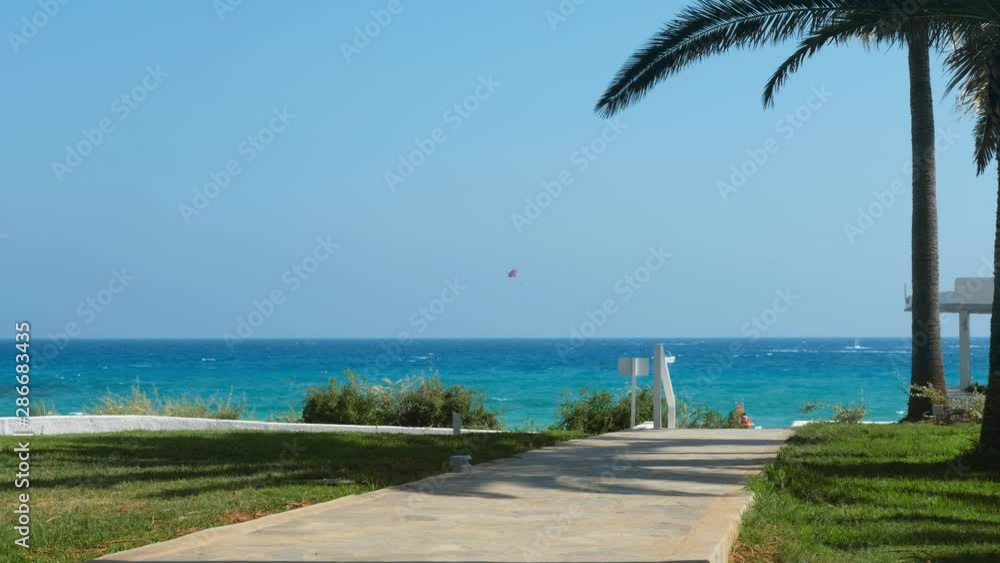 Path with palms leading to the beach of the azure mediterranean sea and surrounded by a beautiful nature of Cyprus. Path with palms leading to the beach of the azure mediterranean sea and surrounded by a beautiful nature of Cyprus.