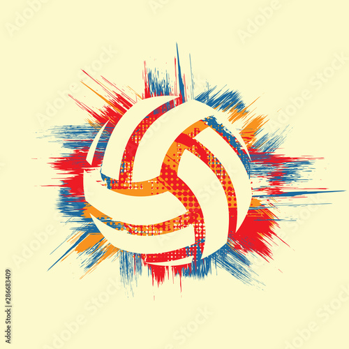 Three color abstract circle grunge background with abstract volleyball symbol