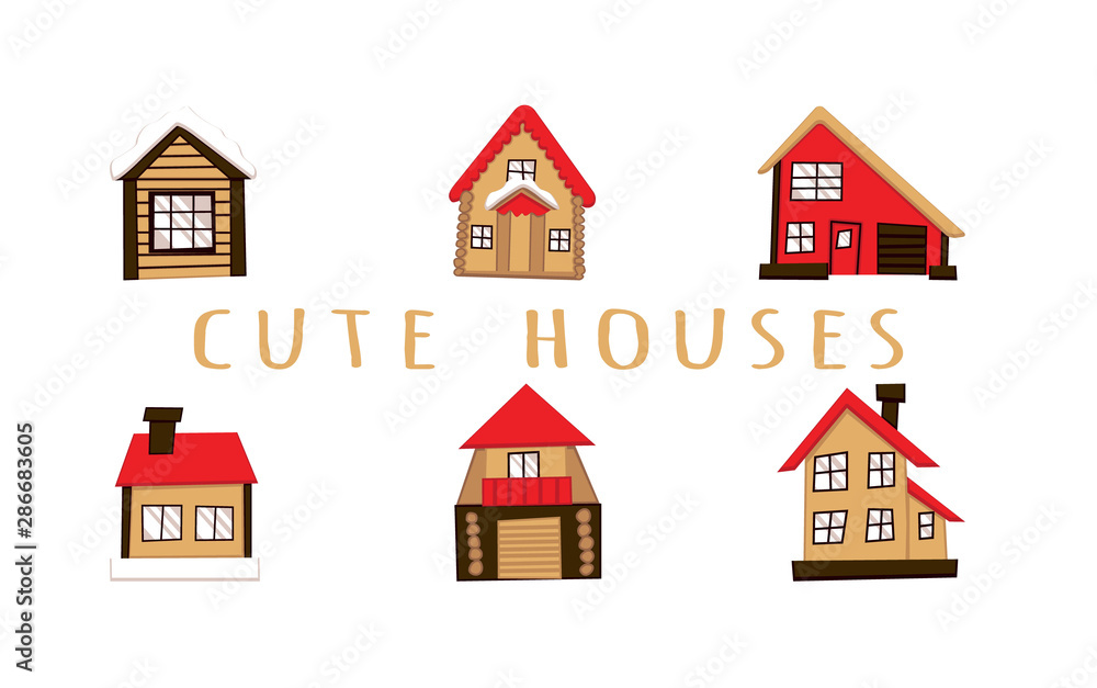 Set of houses front view. Isolated vector illustration.