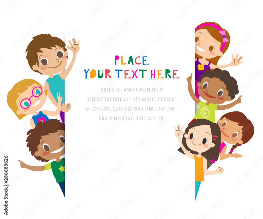 Group of Children waving. Kids waving their hands. Cartoon illustration on white background, Copy space for text. Group of Children waving. Kids waving their hands. Cartoon illustration on white background, Copy space for text.