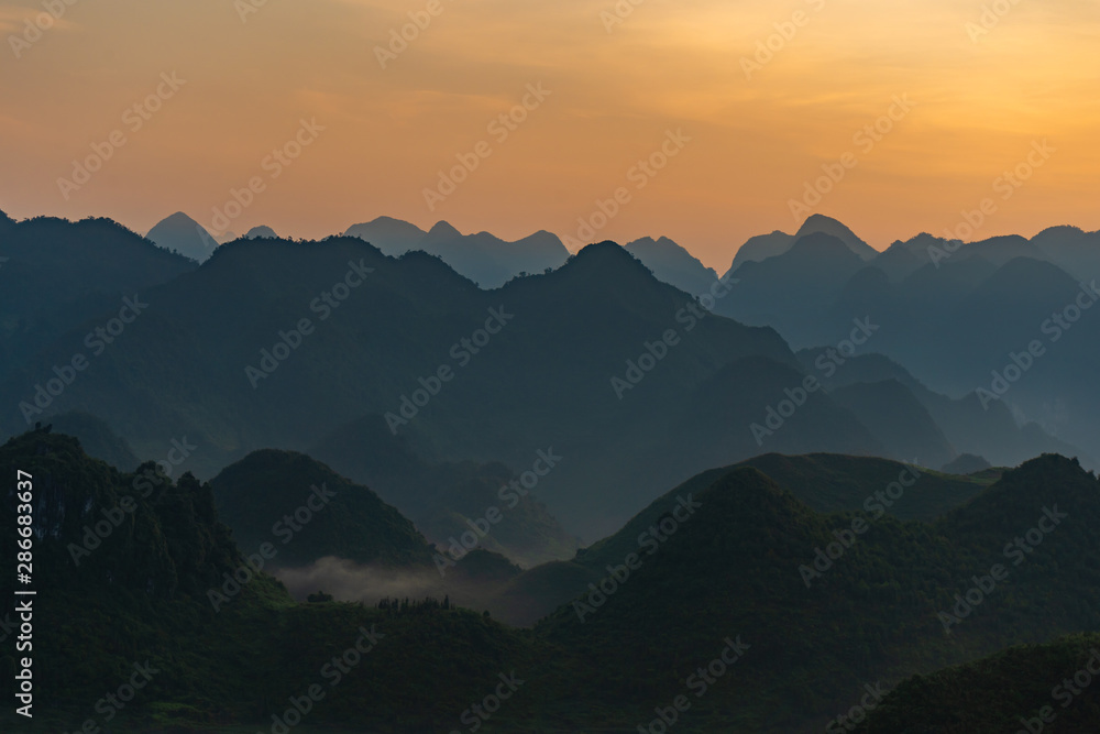 Beautiful landscape with rice paddy field of Fairy bosom or Twin Mountains, Nui Doi, Double Mountains is the travel destination and famous place in Tam Son town, Quan Ba, Ha Giang, Vietnam