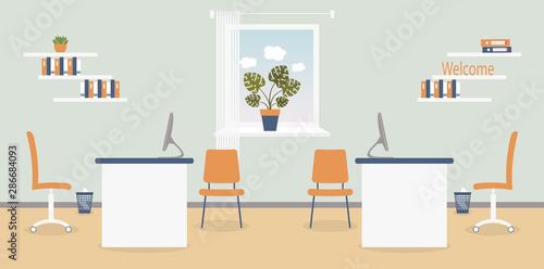 Interior of working place in the office on the light grey background. Vector illustration. Furniture: table, chair, shelf with folders and books.Wall clock,monstera,window,bin. For advertising,sites