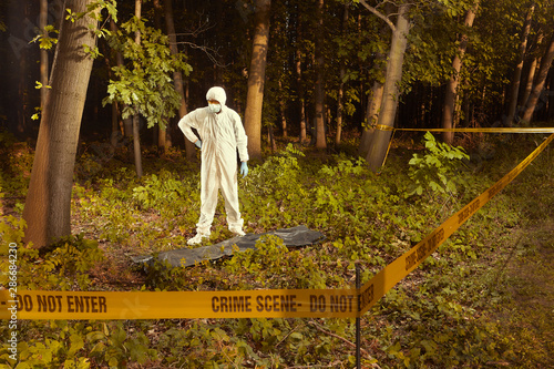 Obraz na plátně Collecting of human remains to plastic body bag by police technician for observi