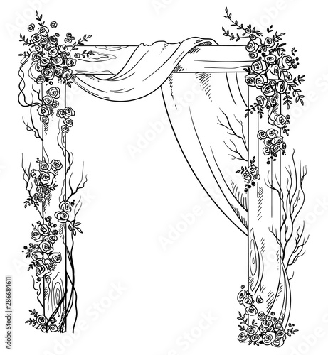 wooden wedding arch decorated with roses