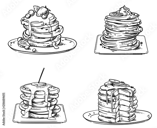 yummy pancakes with toppings, vector sketch