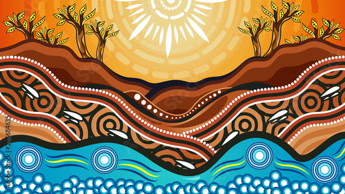 An illustration based on aboriginal style of background depicting nature.