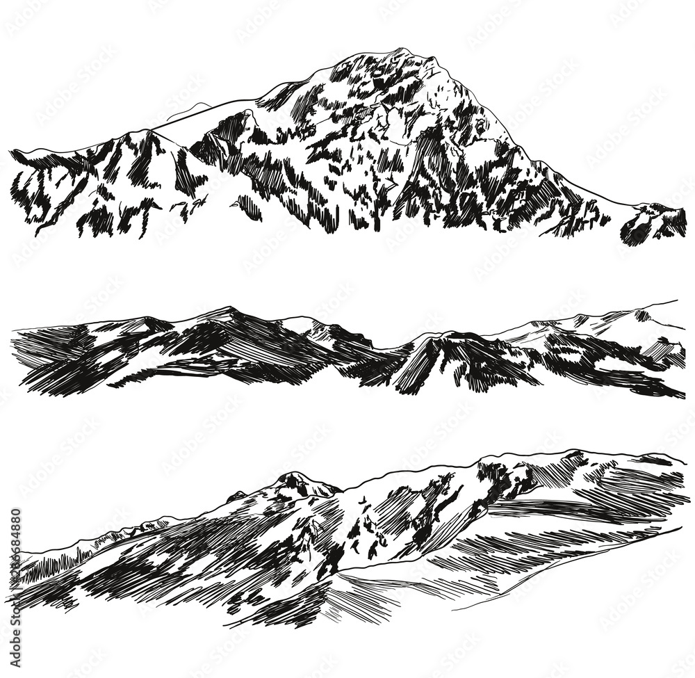 Vector Set of Hand Drawn Mountains Sketches, Black Scribble Freehand Drawings Isolated, Wild Nature Illustration.