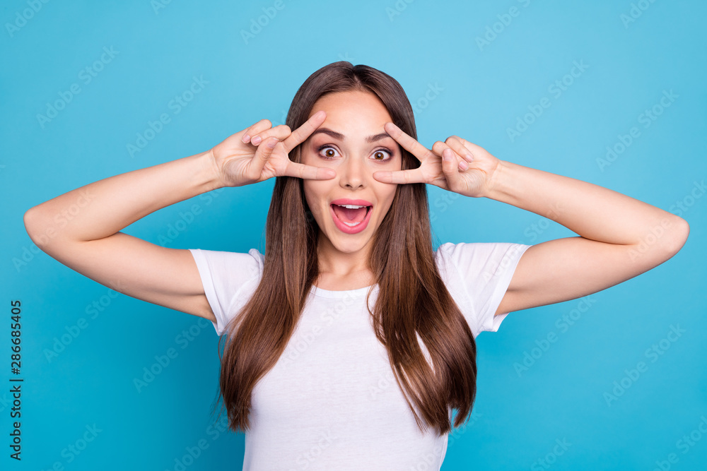 Portrait of her she nice-looking attractive crazy cheerful cheery funny funky straight-haired lady showing double v-sign holiday isolated over bright vivid shine blue green teal turquoise background