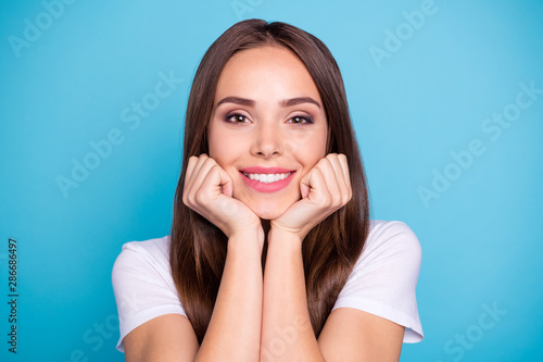 Close-up portrait of her she nice-looking attractive lovable perfect cheerful cheery straight-haired lady enjoying life isolated over bright vivid shine blue green teal turquoise background photo