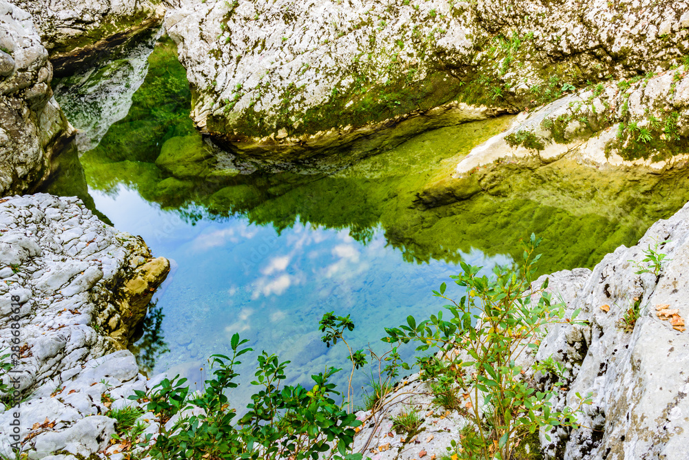 Emerald waters of the Cornappo stream. Udine, Friuli. Italy