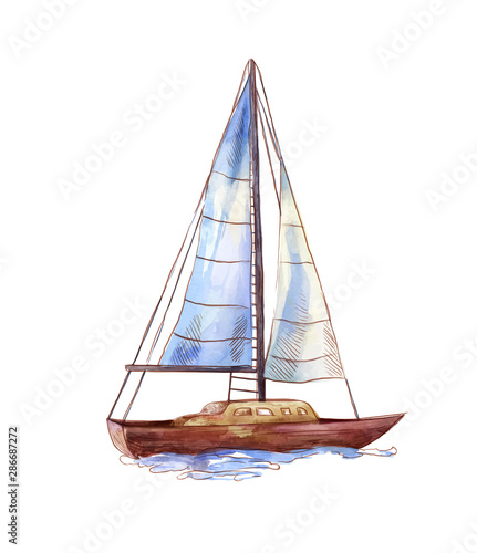 Vector watercolor sailboat isolated on white. Seascape scene in sketch style