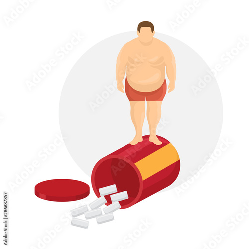 Unhealthy lifestyle and diet pills vector illustration. Fat man body, standing on box of diet pills. Cartoon flat poster of loosing weight alternative