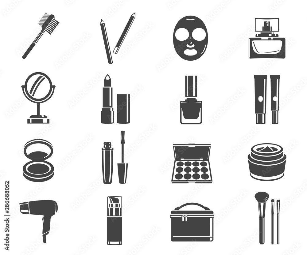 Fototapeta premium Cosmetics black and white glyph icons set