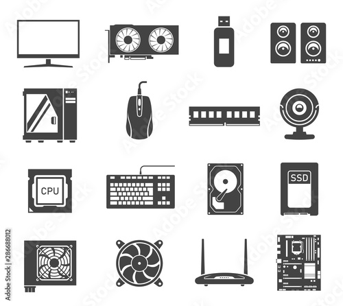 Computer hardware black and white glyph icons set