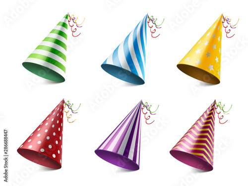 Colorful party hats realistic vector illustrations set