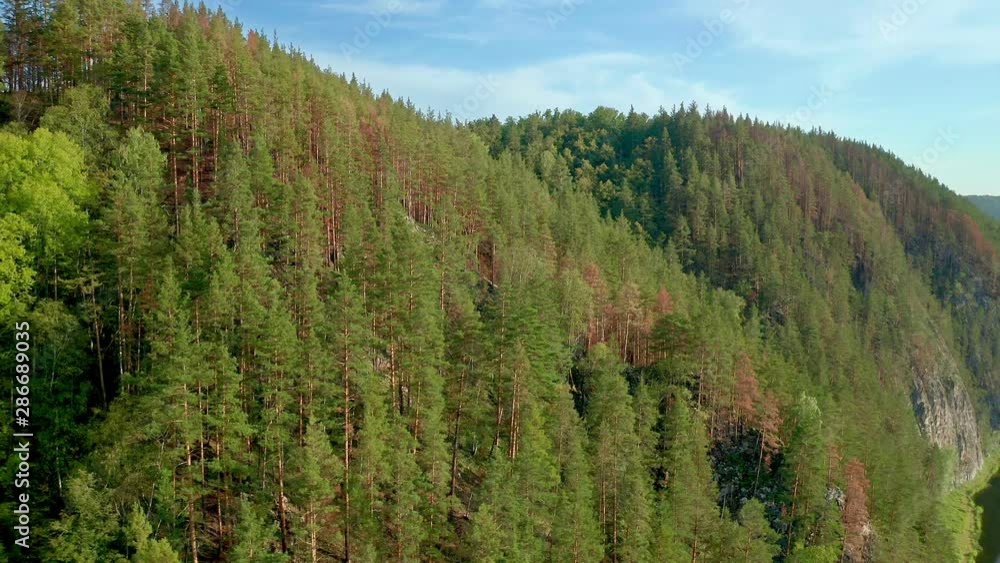 Shooting around a mountain range at the foot of which a river flows. View of conifers and small rocky sections on the mountain. Shooting around a mountain range at the foot of which a river flows. View of conifers and small rocky sections on the mountain.
