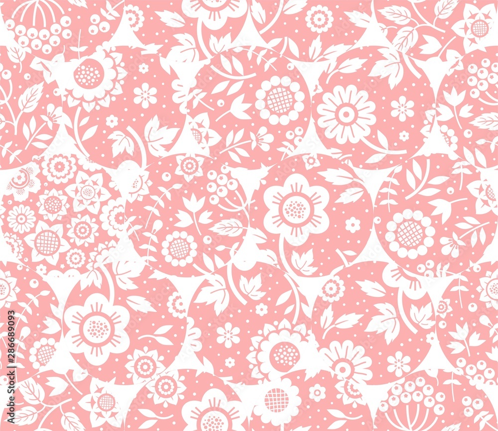 Floral white pattern, seamless, pink circles, white background, flat, vector. Fabulous decor. Color, floral ornament. 