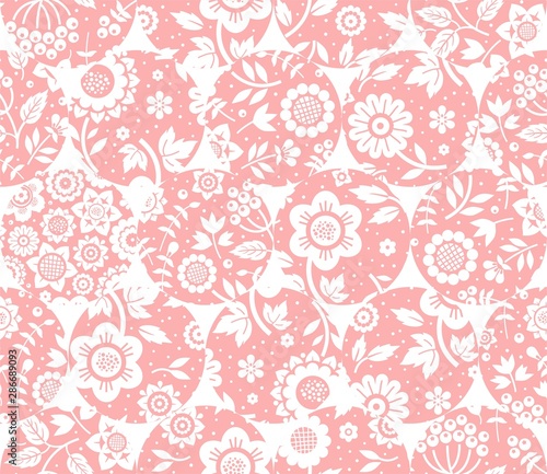 Floral white pattern, seamless, pink circles, white background, flat, vector. Fabulous decor. Color, floral ornament. 