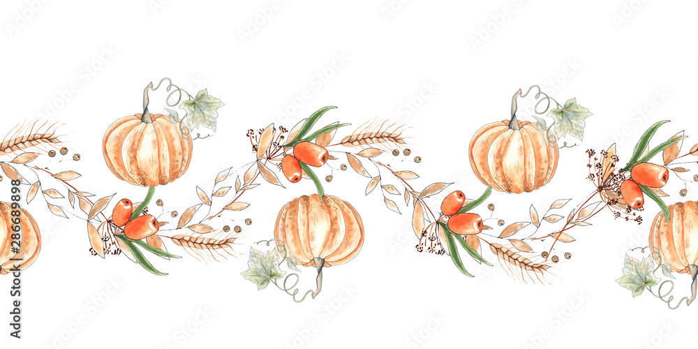 Watercolor autumn seamless borders with orange and green pumpkins ...