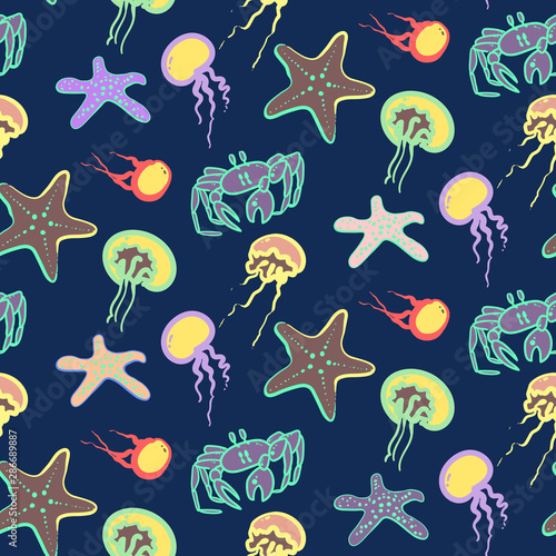 Colorful vector seamless pattern with underwater inhabitants in sea or ocean. Good for childrens wrapping, textile, fabric, background
