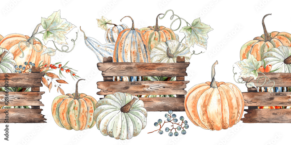 Watercolor autumn seamless borders with orange and green pumpkins ...