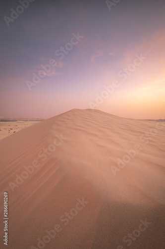 Sun set in dessert outside of Abu Dhabi with pink and red sky UAE 