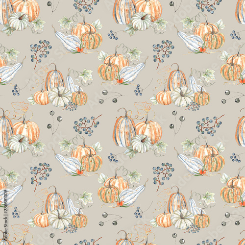 Watercolor autumn seamless patterns with orange and green pumpkins, leaves, branches, berries and textures