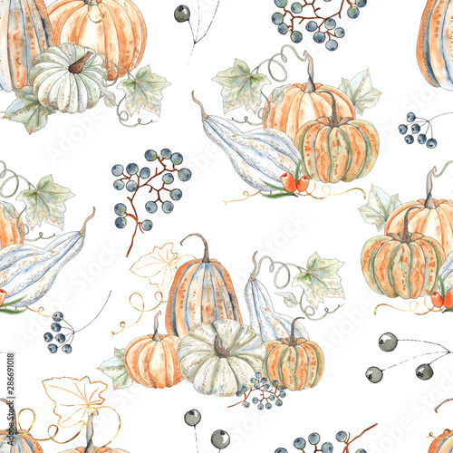 Watercolor autumn seamless patterns with orange and green pumpkins, leaves, branches, berries and textures