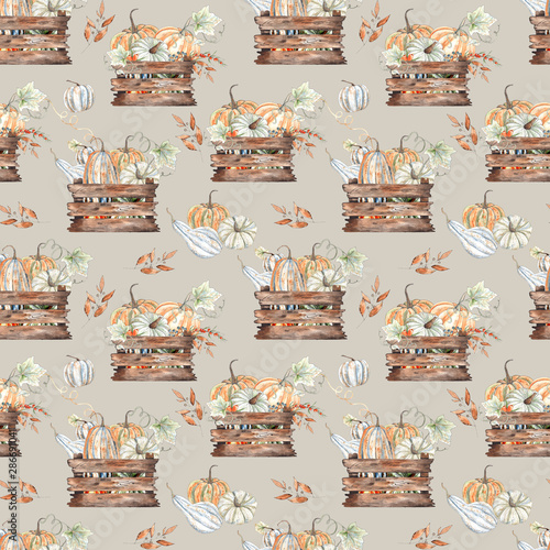 Watercolor autumn seamless patterns with orange and green pumpkins, leaves, branches, berries and textures