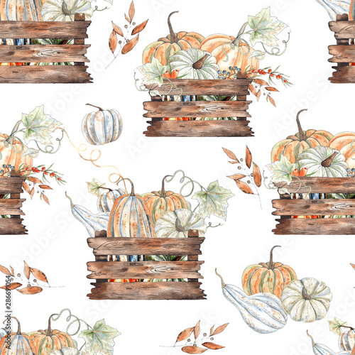 Watercolor autumn seamless patterns with orange and green pumpkins, leaves, branches, berries and textures