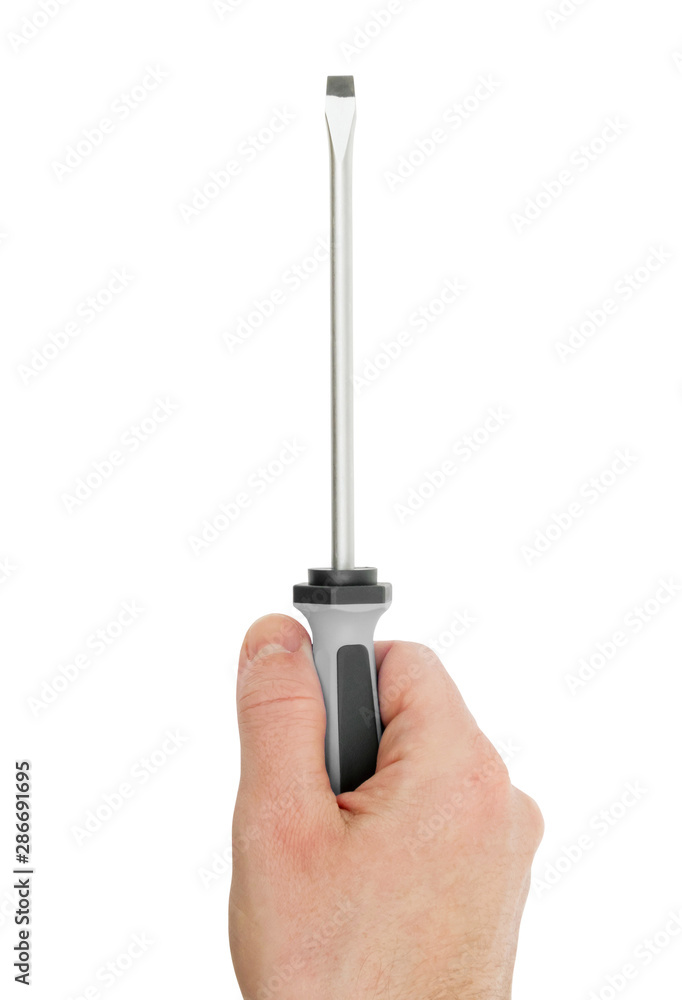 Obraz premium Male hand holding screwdriver on white background, top view
