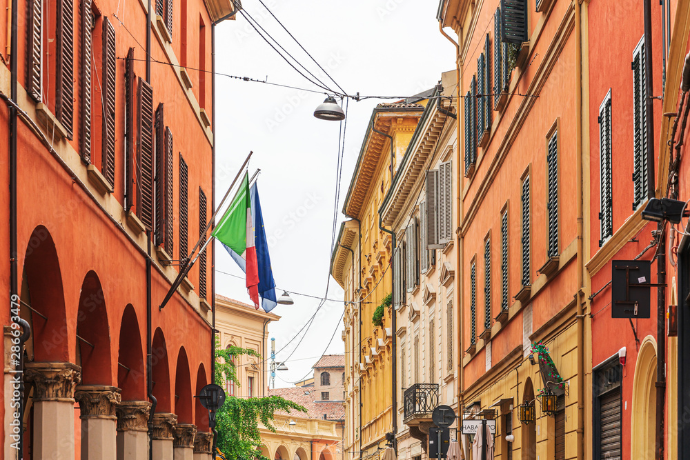 BOLOGNA, ITALY - May 27, 2018: Italy Flag in Bologna city, Italy