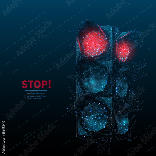 Red traffic light low poly wireframe banner template. 3D warning sign, stop, prohibition symbol with connected dots. Polygonal semaphore, traffic movement control and information mesh art illustration