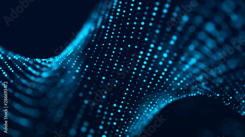 Abstract background with the movement of luminous particles. Digital technology. 3D rendering.