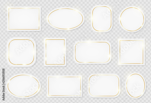 Gold shiny  vintage frames pack on white plates isolated on transparent background. Golden luxury realistic border set. Wedding, mothers or Valentines day concept. Xmas and New Year abstract. Vector