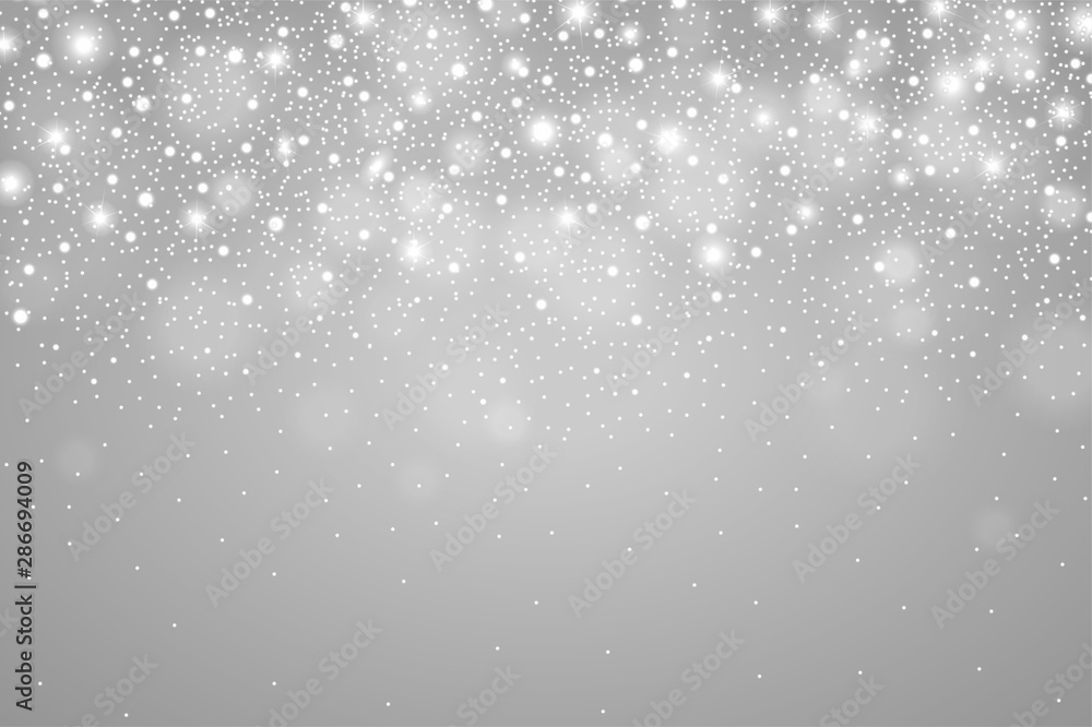 Winter glowing silver background of falling snow. Christmas and New Year card design. Realistic detailed snow fall abstract. Snowstorm, blizzard concept. Vector illustration