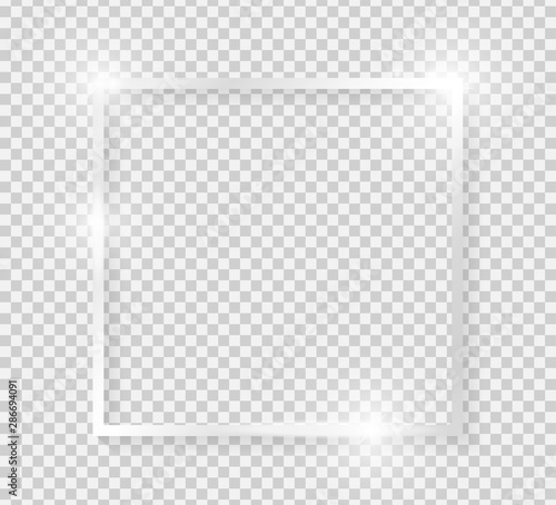 Silver shiny glowing vintage square frame with shadows isolated on transparent background. Platinum luxury realistic rectangle border. Vector illustration