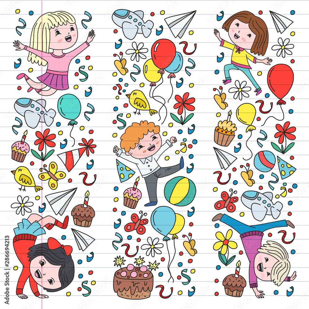 Vector illustration in cartoon style, active company of playful preschool kids jumping, at a party, birthday. Vector illustration in cartoon style, active company of playful preschool kids jumping, at a party, birthday.