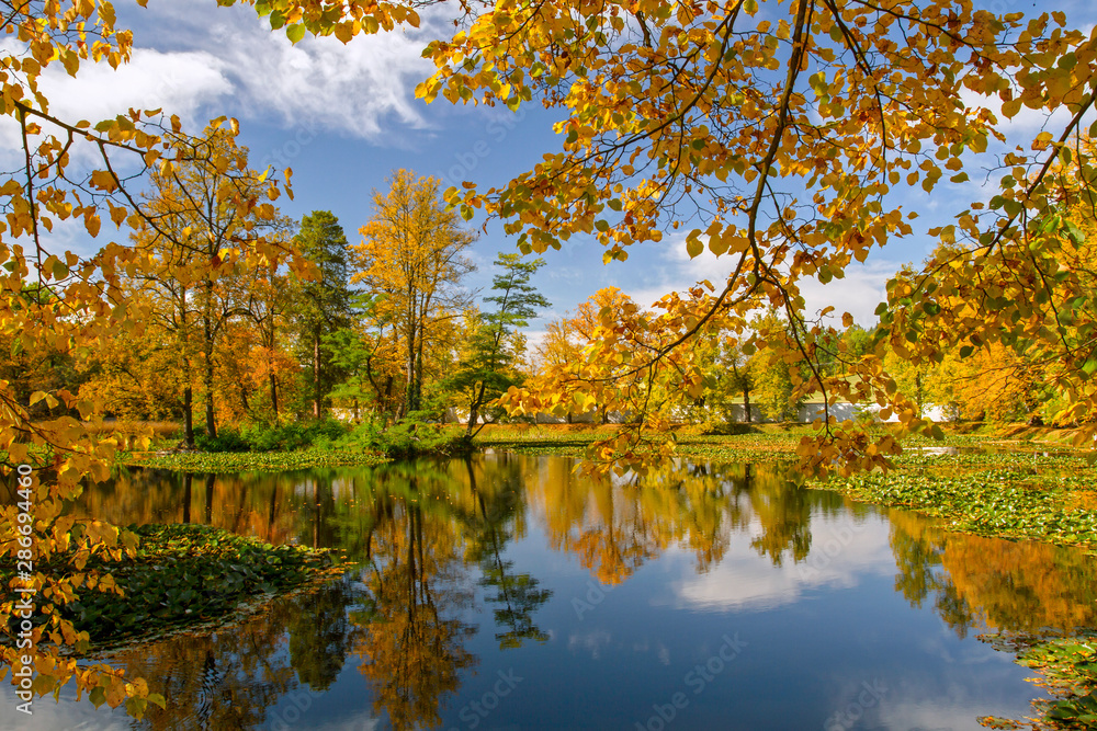 Beautiful autumn landscape. Yellow trees and blue sky reflected in calm water. Autumn park in the sunny day. Europe. Beautiful autumn landscape. Yellow trees and blue sky reflected in calm water. Autumn park in the sunny day. Europe.