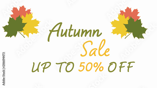 Autumn sale 50 percent off background layout decorate with leaves for shopping sale or promo poster and frame leaflet or web banner. Vector illustration template.
