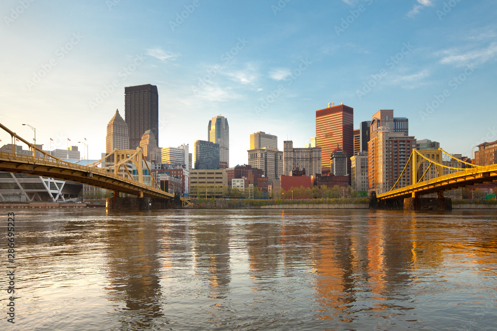 Skyline of downtown with Rachel Carson Bridge and Andy Warhol Bridge over the Allegheny River, Pittsburgh, Pennsylvania, USA