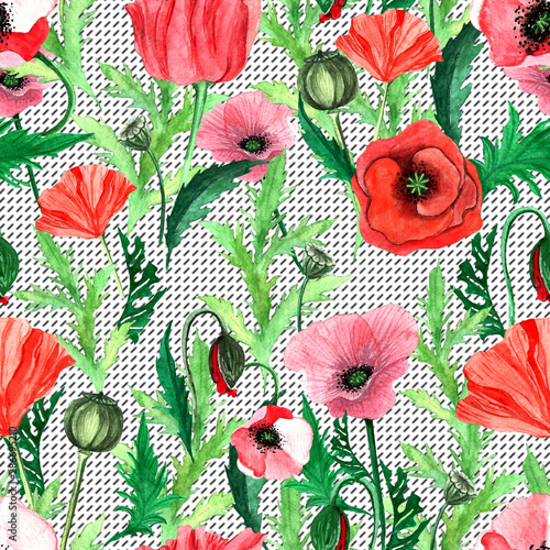 Watercolour poppies flowers seamless pattern.wild flowers meadow grass leaves and branches floral background.