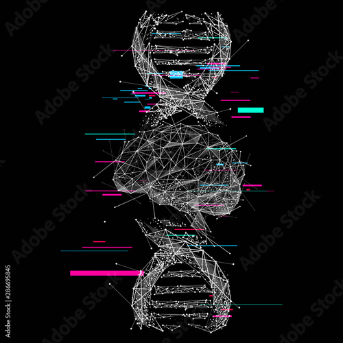 Brain and DNA spiral low poly wireframe illustration. Polygonal neurons cells connections mesh art. 3D double helix molecule with glitch. Genetic analysis, biochemical and medical research