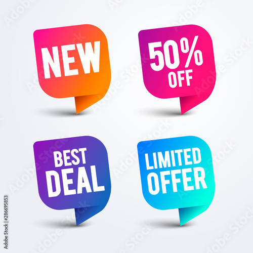 Vector colorful speech bubble set for web and sale. New, best deal, limited offer, 50 percent off reduction icons.