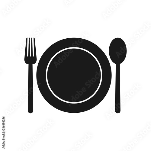 Cookware icon. Spoon, fork and plate. Vector drawing. Black silhouette. Isolated object on a white background. Isolate.