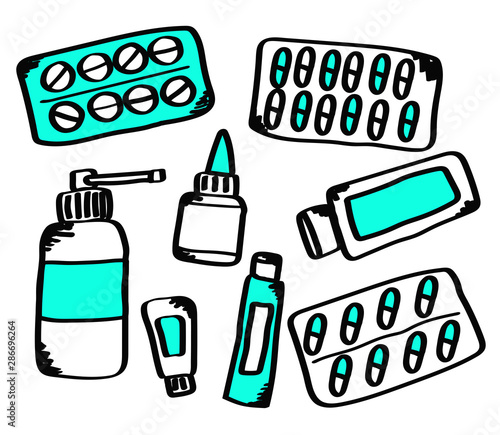 Collection of medicines on a white background. Vector illustration. 