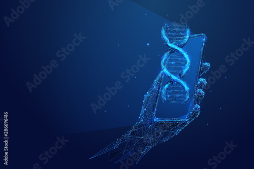 Genetic science, biotechnology low poly wireframe illustration. 3D hand holding smartphone with DNA molecule on screen with connected dots. Polygonal online scientific laboratory mesh art