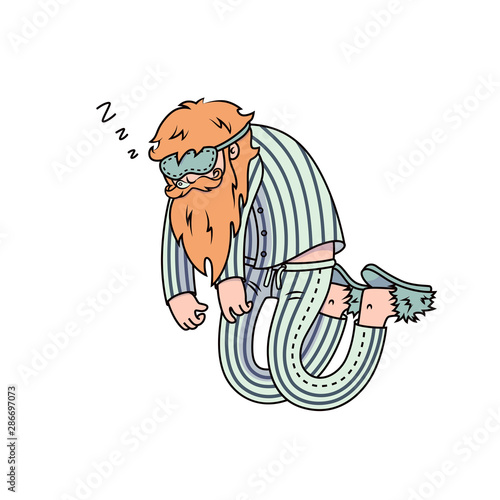 Sleeping man in striped pajama,mask and home slippers. Vector illustration isolated on white.