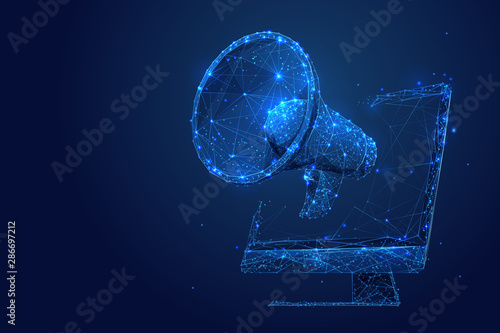Digital marketing low poly wireframe illustration. Polygonal online notification, Internet targeted advertisement mesh art. 3D computer and megaphone with connected dots. Promotional campaign