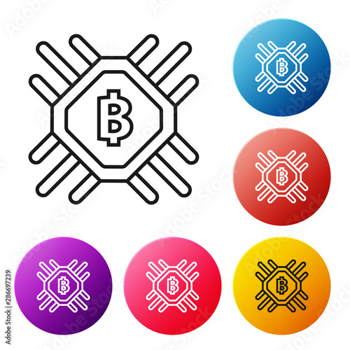 Black line CPU mining farm icon on white background. Bitcoin sign inside processor. Cryptocurrency mining community. Digital money. Set icons colorful circle buttons. Vector Illustration